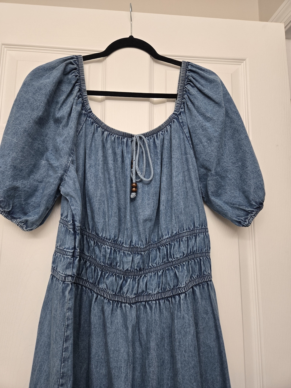 Denim Midi Puff Sleeve Peasant Dress - Blue - Picture 3 of 3
